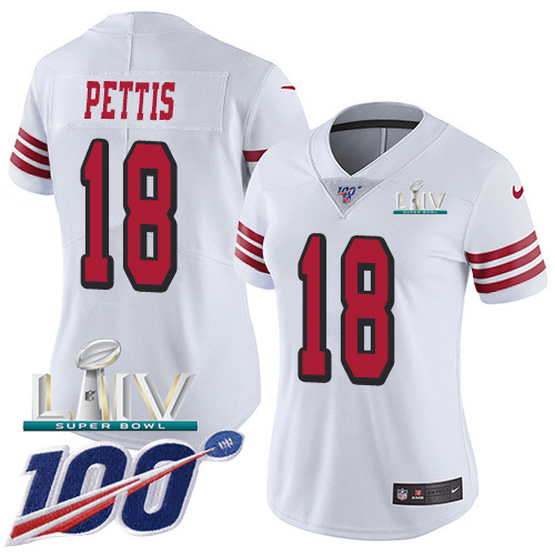 San Francisco 49ers Nike #18 Dante Pettis White Super Bowl LIV 2020 Rush Women Stitched NFL Limited 100th Season Jersey->youth nfl jersey->Youth Jersey